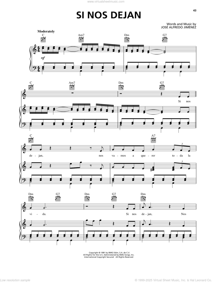 Si Nos Dejan sheet music for voice, piano or guitar by Jose Alfredo Jimenez, intermediate skill level