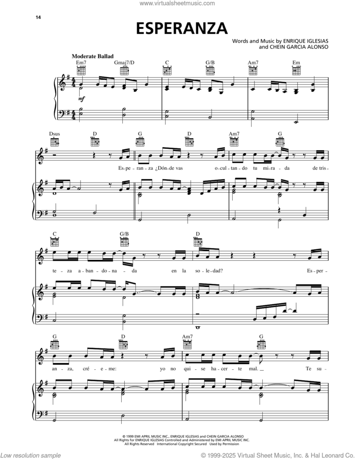 Esperanza sheet music for voice, piano or guitar by Enrique Iglesias and Chein Garcia Alonso, intermediate skill level