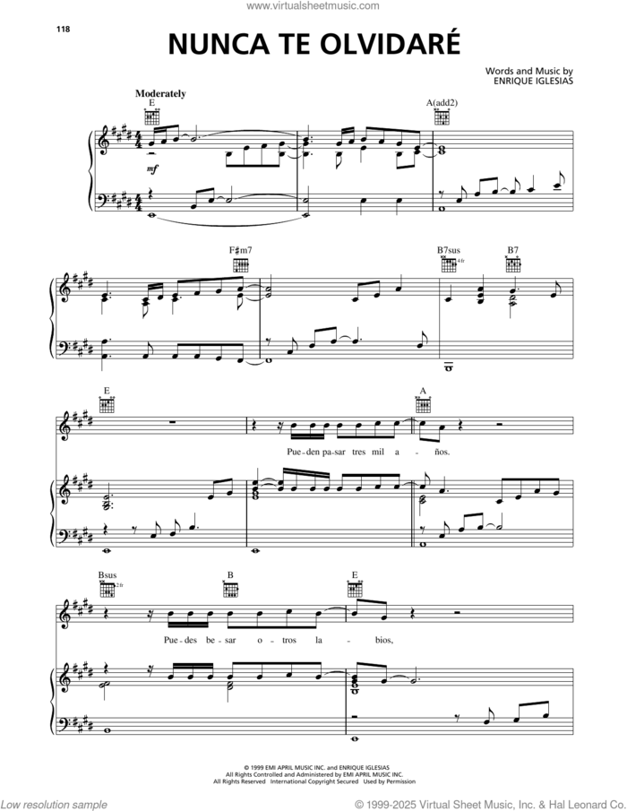 Nunca Te Olvidare sheet music for voice, piano or guitar by Enrique Iglesias, intermediate skill level