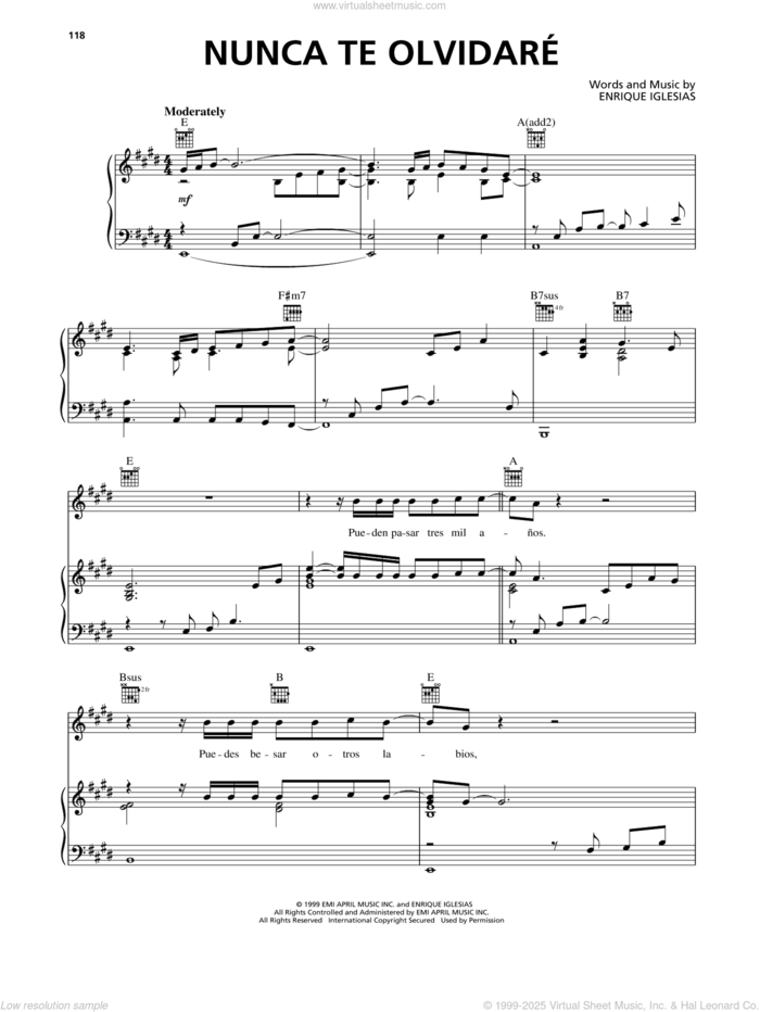Nunca Te Olvidare sheet music for voice, piano or guitar by Enrique Iglesias, intermediate skill level