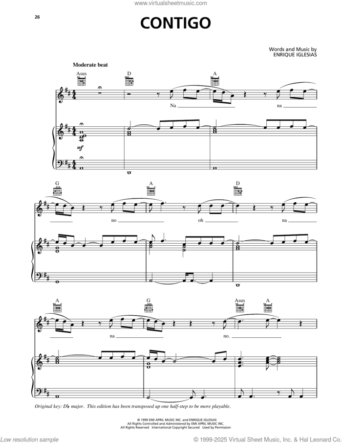 Contigo sheet music for voice, piano or guitar by Enrique Iglesias, intermediate skill level