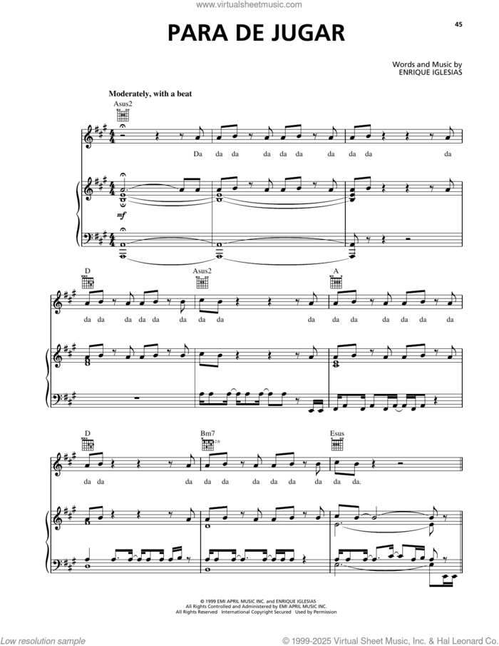 Para De Jugar sheet music for voice, piano or guitar by Enrique Iglesias, intermediate skill level