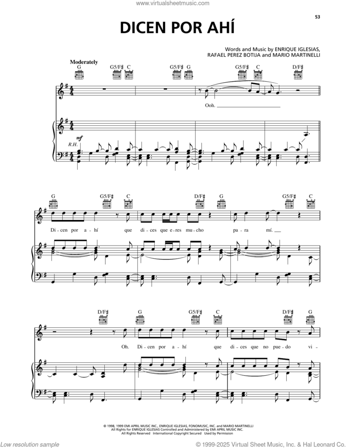 Dicen Por Ahi sheet music for voice, piano or guitar by Enrique Iglesias, Mario Martinelli and Rafael Perez Botija, intermediate skill level