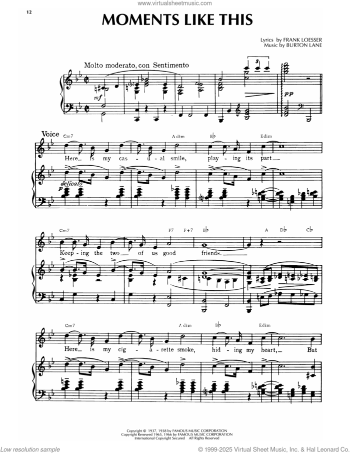 Moments Like This (from College Swing) sheet music for voice, piano or guitar by Burton Lane and Frank Loesser, intermediate skill level