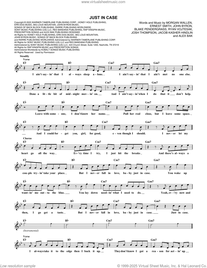 Just In Case sheet music for voice and other instruments (fake book) by Morgan Wallen, Alex Bak, Blake Pendergrass, Ernest Smith, Jacob Kasher Hindlin, John Byron, Josh Thompson and Ryan Vojtesak, intermediate skill level