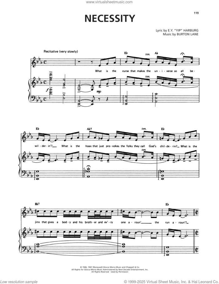 Necessity (from Finian's Rainbow) sheet music for voice, piano or guitar by Burton Lane, Yip Harburg and E.Y. Harburg, intermediate skill level