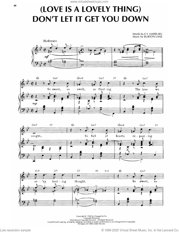 Don't Let It Get You Down (from Laffing Room Only) sheet music for voice, piano or guitar by Burton Lane and E.Y. Harburg, intermediate skill level