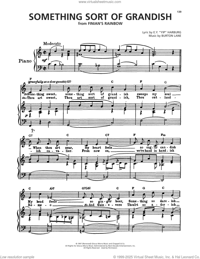 Something Sort Of Grandish (from Finian's Rainbow) sheet music for voice, piano or guitar by Burton Lane, Yip Harburg and E.Y. Harburg, intermediate skill level