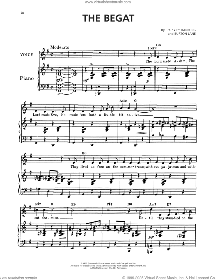 The Begat (from Finian's Rainbow) sheet music for voice, piano or guitar by Burton Lane, Yip Harburg and E.Y. Harburg, intermediate skill level