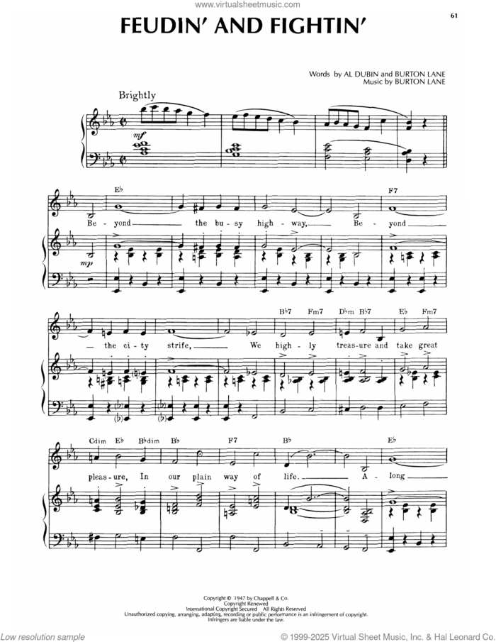 Feudin' And Fightin' sheet music for voice, piano or guitar by Al Dubin and Burton Lane, intermediate skill level