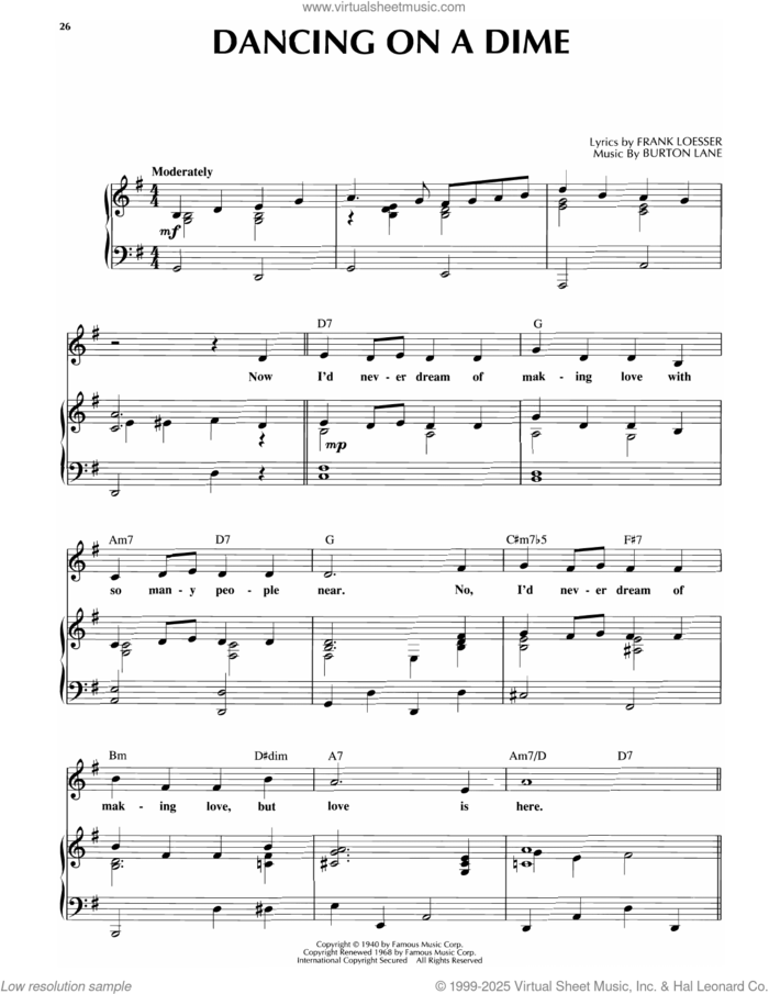 Dancing On A Dime sheet music for voice, piano or guitar by Burton Lane and Frank Loesser, intermediate skill level