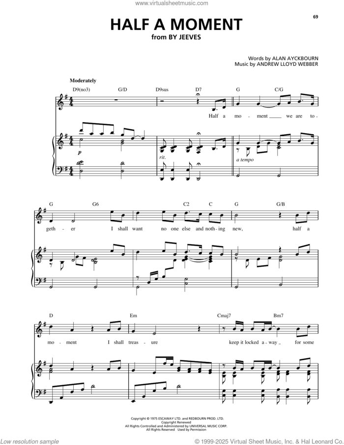 Half A Moment (from By Jeeves) sheet music for voice, piano or guitar by Alan Ayckbourn and Andrew Lloyd Webber, intermediate skill level