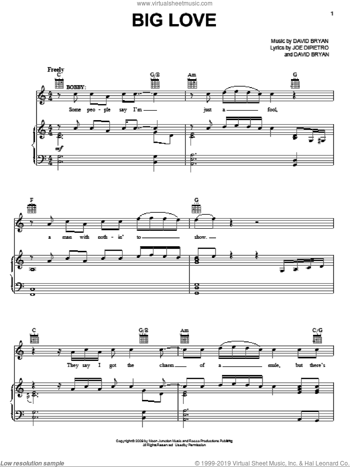 Big Love sheet music for voice, piano or guitar by Joe DiPietro, Memphis (Musical) and David Bryan, intermediate skill level