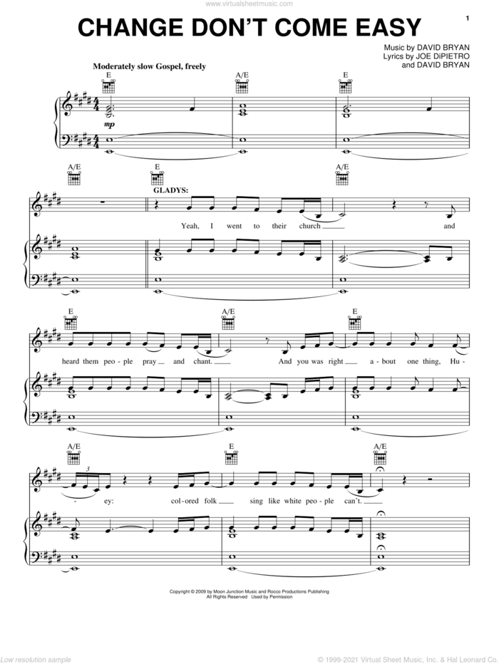 Change Don't Come Easy sheet music for voice, piano or guitar by Joe DiPietro, Memphis (Musical) and David Bryan, intermediate skill level