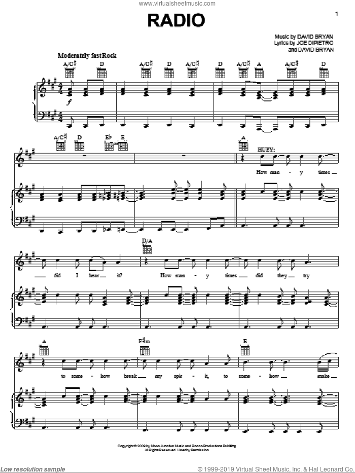 Radio sheet music for voice, piano or guitar by Joe DiPietro, Memphis (Musical) and David Bryan, intermediate skill level