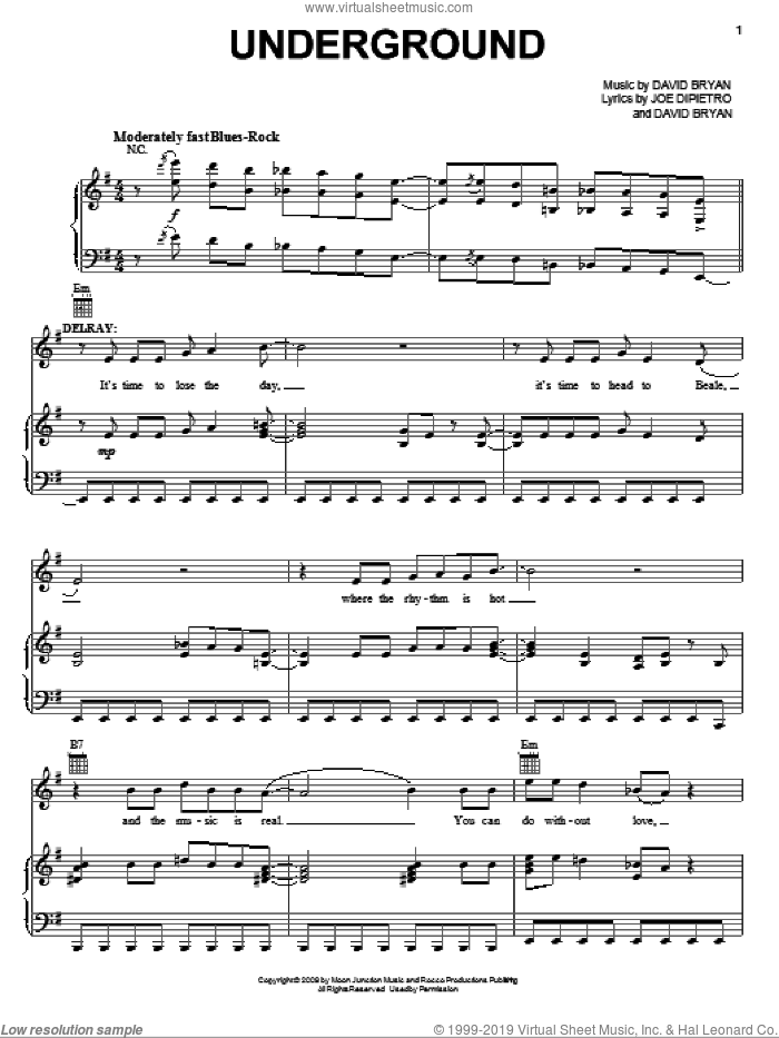 Underground sheet music for voice, piano or guitar by Joe DiPietro, Memphis (Musical) and David Bryan, intermediate skill level