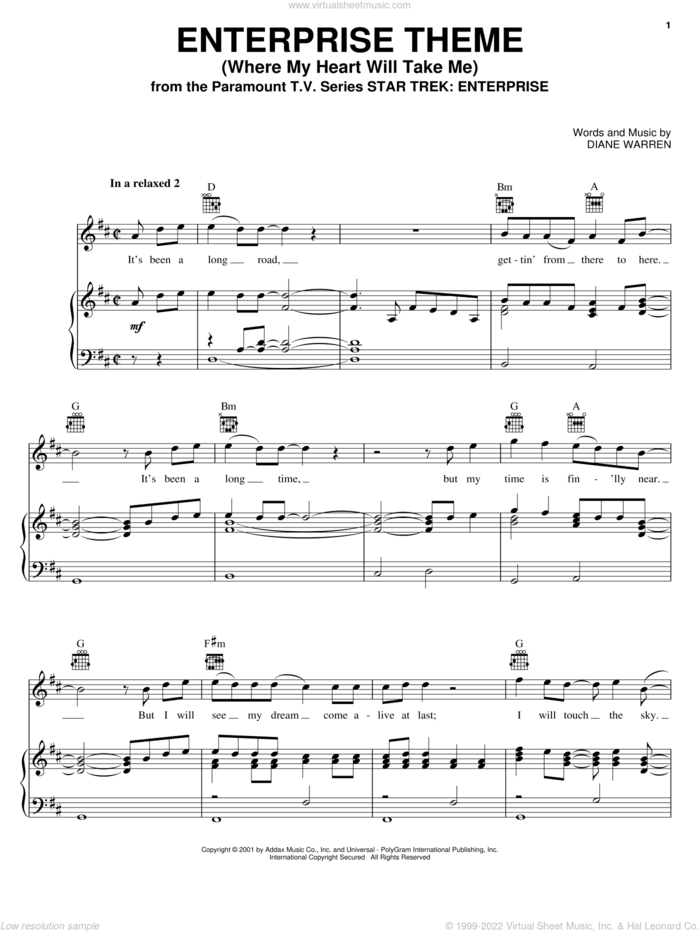 Enterprise Theme (Where My Heart Will Take Me) sheet music for voice, piano or guitar by Diane Warren and Star Trek(R), intermediate skill level