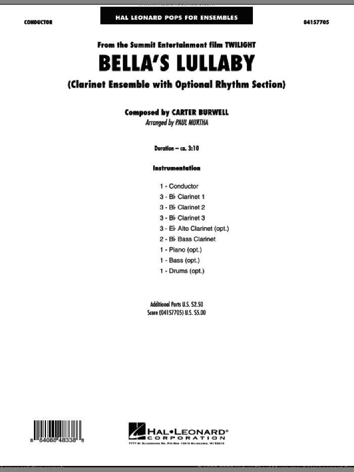 Bella's Lullaby (Clarinet Ensemble with Opt. Rhythm Section) (COMPLETE) sheet music for concert band by Carter Burwell and Paul Murtha, intermediate skill level