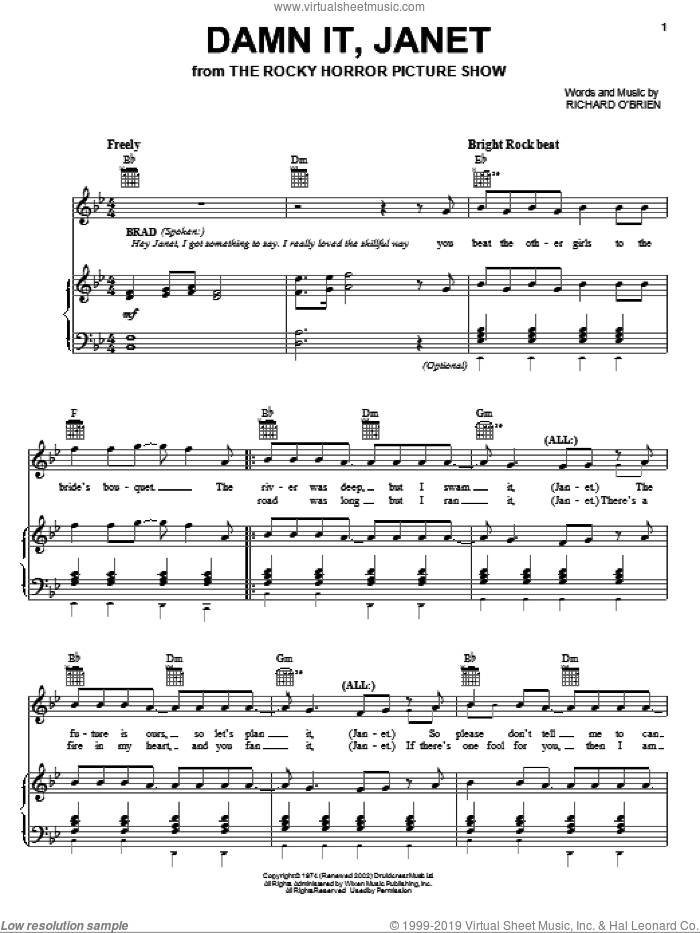 Damn It, Janet sheet music for voice, piano or guitar by Richard O'Brien, Miscellaneous and The Rocky Horror Picture Show, intermediate skill level