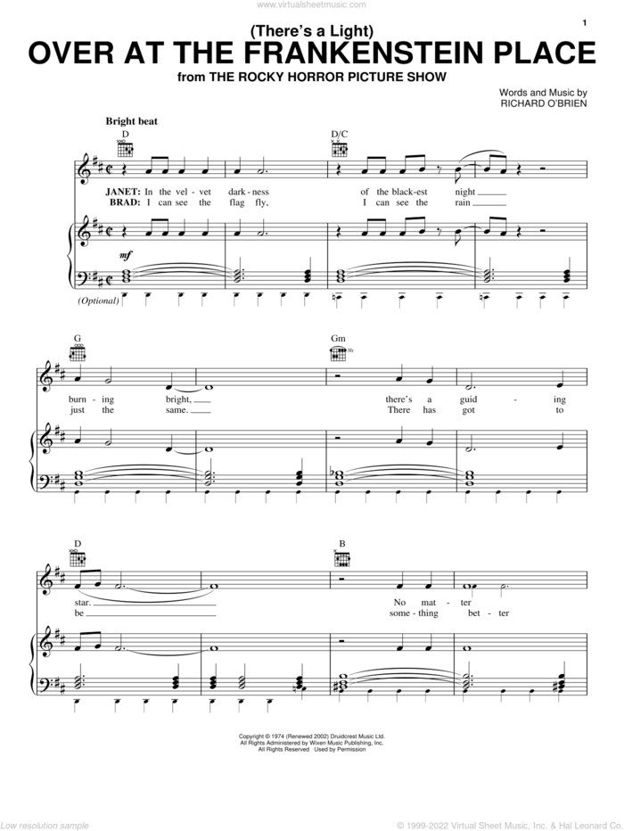 (There's A Light) Over At The Frankenstein Place sheet music for voice, piano or guitar by Glee Cast, Miscellaneous and The Rocky Horror Picture Show, intermediate skill level