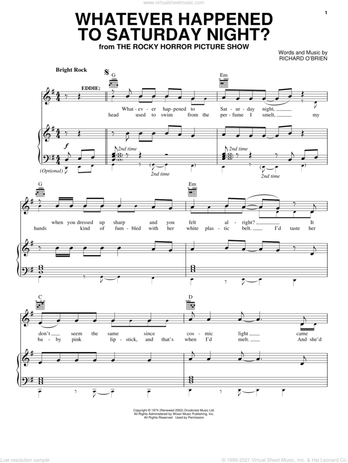 Whatever Happened To Saturday Night? sheet music for voice, piano or guitar by Richard O'Brien, Miscellaneous and The Rocky Horror Picture Show, intermediate skill level