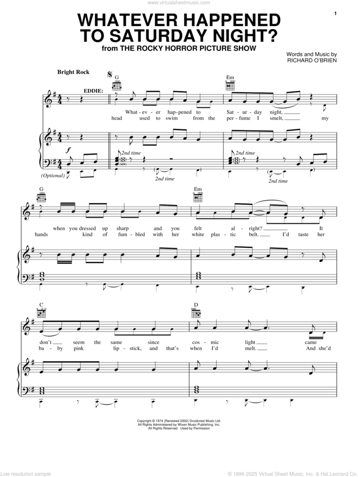 Whatever Happened To Saturday Night? sheet music for voice, piano or guitar by Richard O'Brien, Miscellaneous and The Rocky Horror Picture Show, intermediate skill level