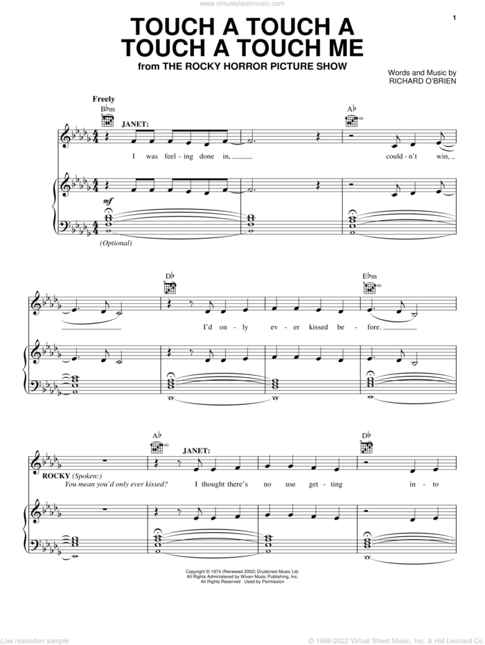 Touch A Touch A Touch A Touch Me sheet music for voice, piano or guitar by Richard O'Brien, Miscellaneous and The Rocky Horror Picture Show, intermediate skill level