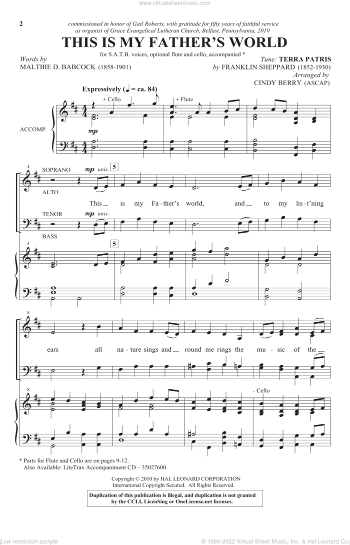 This Is My Father's World sheet music for choir (SATB: soprano, alto, tenor, bass) by Franklin L. Sheppard, Cindy Berry and Maltbie D. Babcock, intermediate skill level