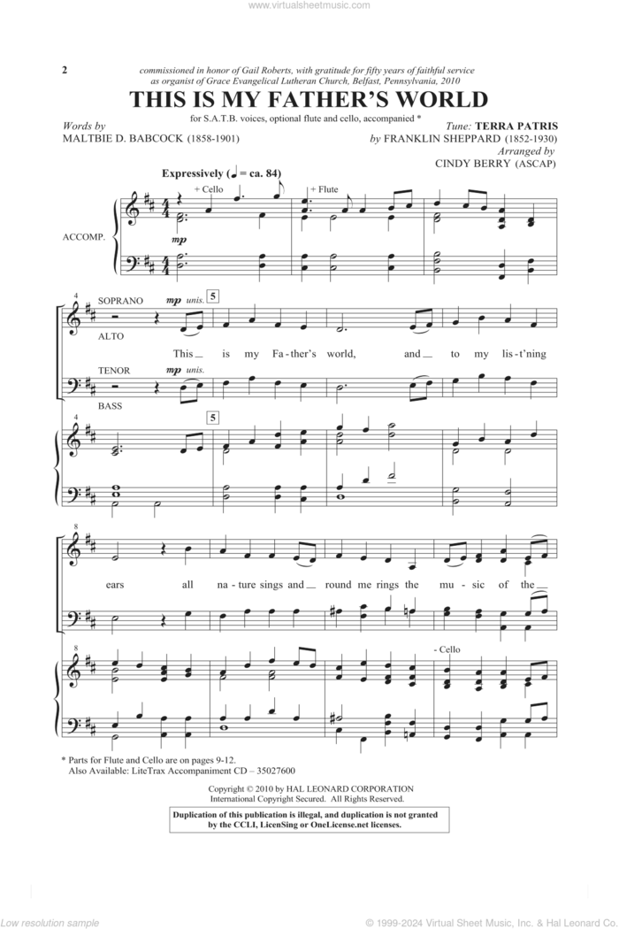 This Is My Father's World sheet music for choir (SATB: soprano, alto, tenor, bass) by Franklin L. Sheppard, Cindy Berry and Maltbie D. Babcock, intermediate skill level