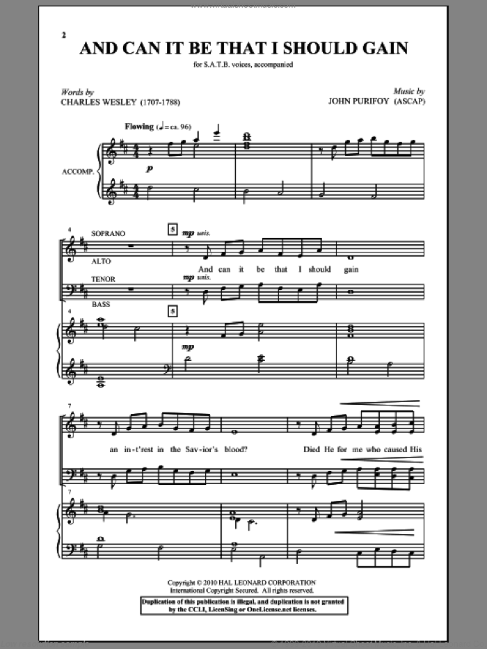 And Can It Be That I Should Gain sheet music for choir (SATB: soprano, alto, tenor, bass) by John Purifoy and Charles Wesley, intermediate skill level