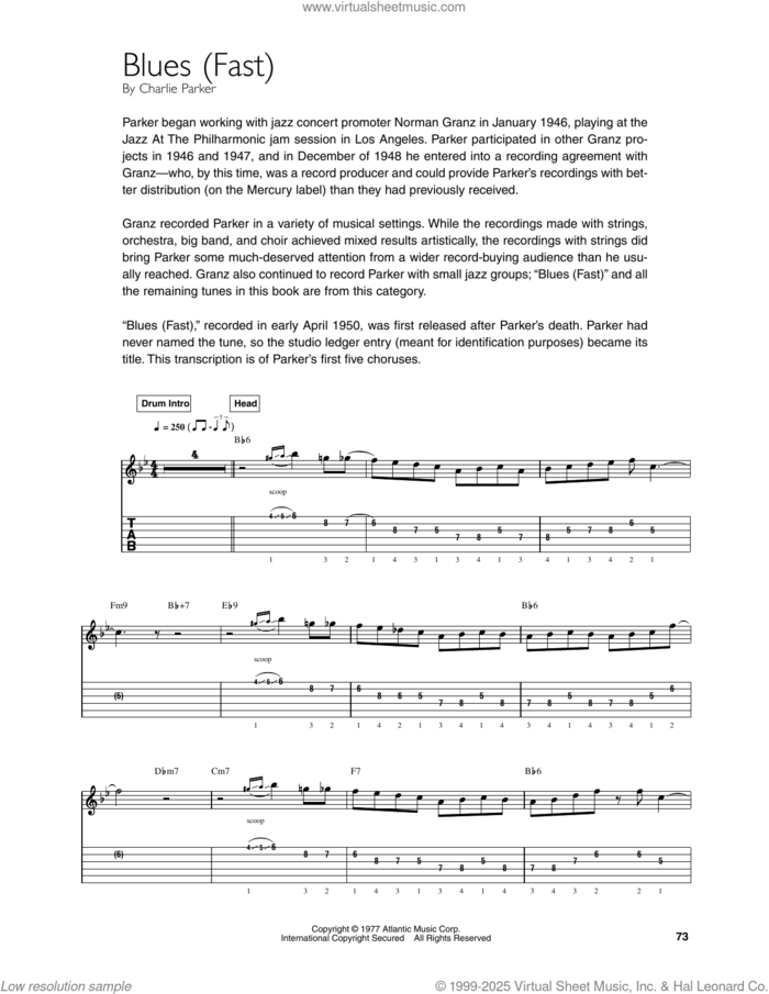 Blues (Fast) sheet music for guitar (tablature) by Charlie Parker and Mark Voelpel, intermediate skill level