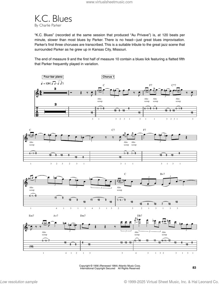 K.C. Blues sheet music for guitar (tablature) by Charlie Parker and Mark Voelpel, intermediate skill level