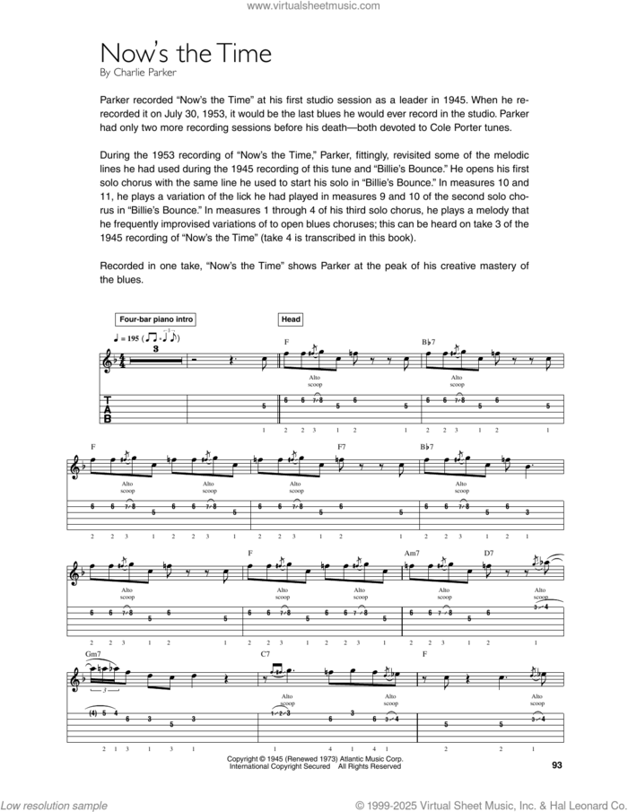 Now's The Time sheet music for guitar (tablature) by Charlie Parker, Pat Martino and Mark Voelpel, intermediate skill level