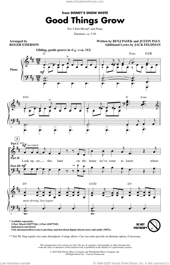 Good Things Grow (from Snow White) (arr. Roger Emerson) sheet music for choir (3-Part Mixed) by Benj Pasek, Roger Emerson, Jack Feldman, Justin Paul and Pasek & Paul, intermediate skill level