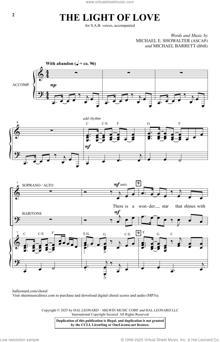 The Light Of Love sheet music for choir (SAB: soprano, alto, bass) by Michael Barrett, Michael E. Showalter and Michael E. Showalter and Michael Barrett, intermediate skill level
