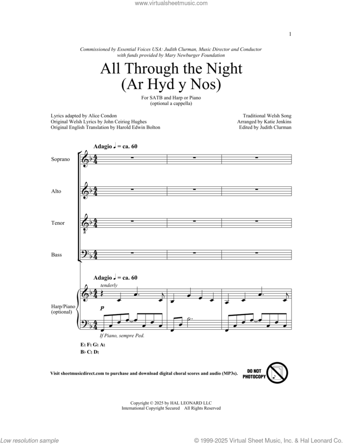 All Through The Night (Ar Hyd A Nos) (arr. Katie Jenkins) sheet music for choir (SATB: soprano, alto, tenor, bass) by Traditional Welsh Song, Katie Jenkins, Alice Condon (adpt.), Cohn Ceiriog and Harold Edwin Bolton (trans.), intermediate skill level