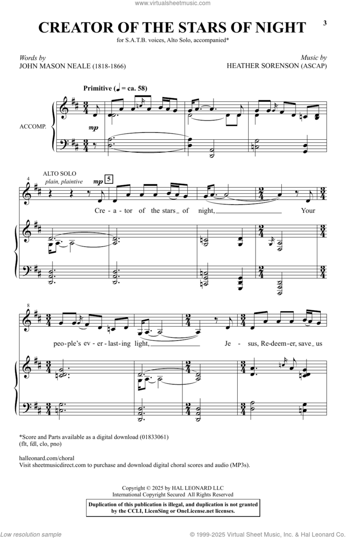 Creator Of The Stars Of Night sheet music for choir (SATB: soprano, alto, tenor, bass) by Heather Sorenson, 7th-century Latin Hymn and J.M. Neale (tran.), intermediate skill level