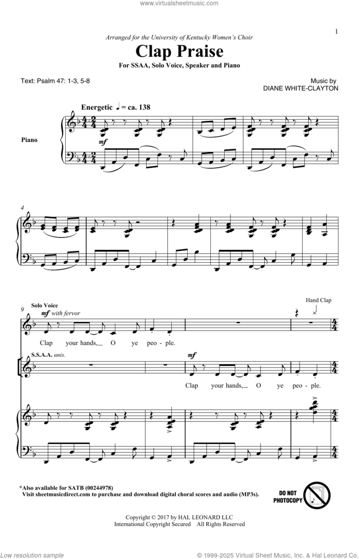Clap Praise sheet music for choir (SSAA: soprano, alto) by Diane White-Clayton, intermediate skill level