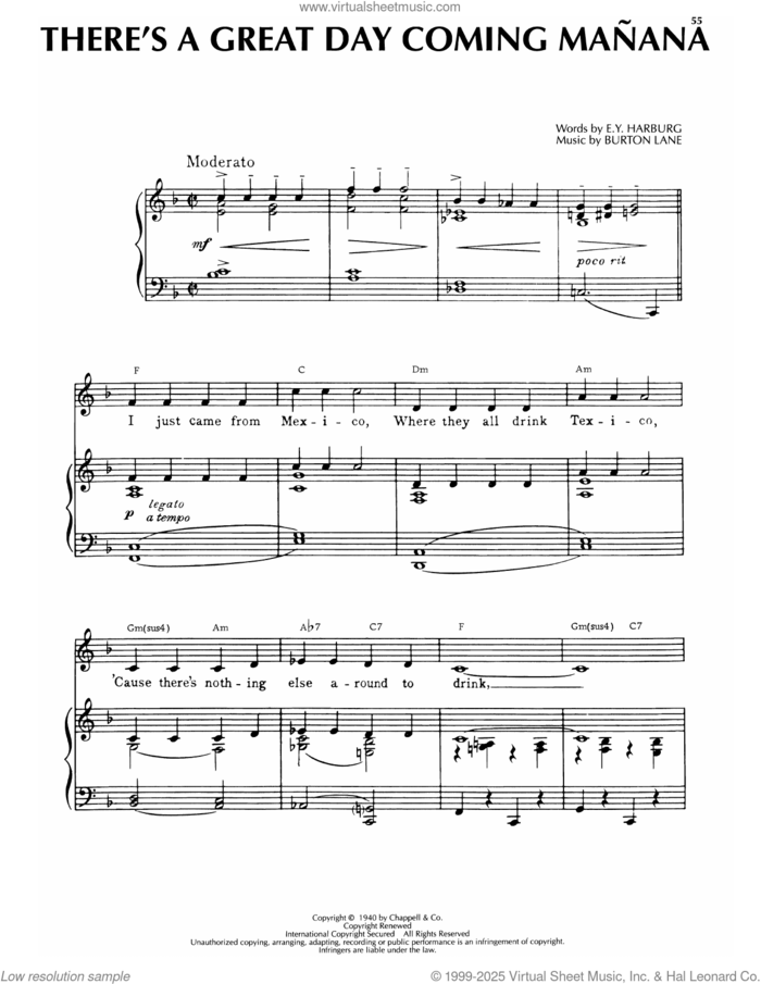 There's A Great Day Coming Manana (from Hold On To Your Hats) sheet music for voice, piano or guitar by Burton Lane and E.Y. Harburg, intermediate skill level