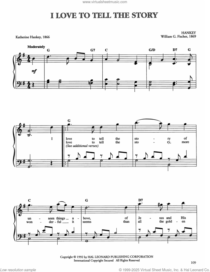 I Love To Tell The Story sheet music for piano solo by William G. Fischer and A. Catherine Hankey, easy skill level