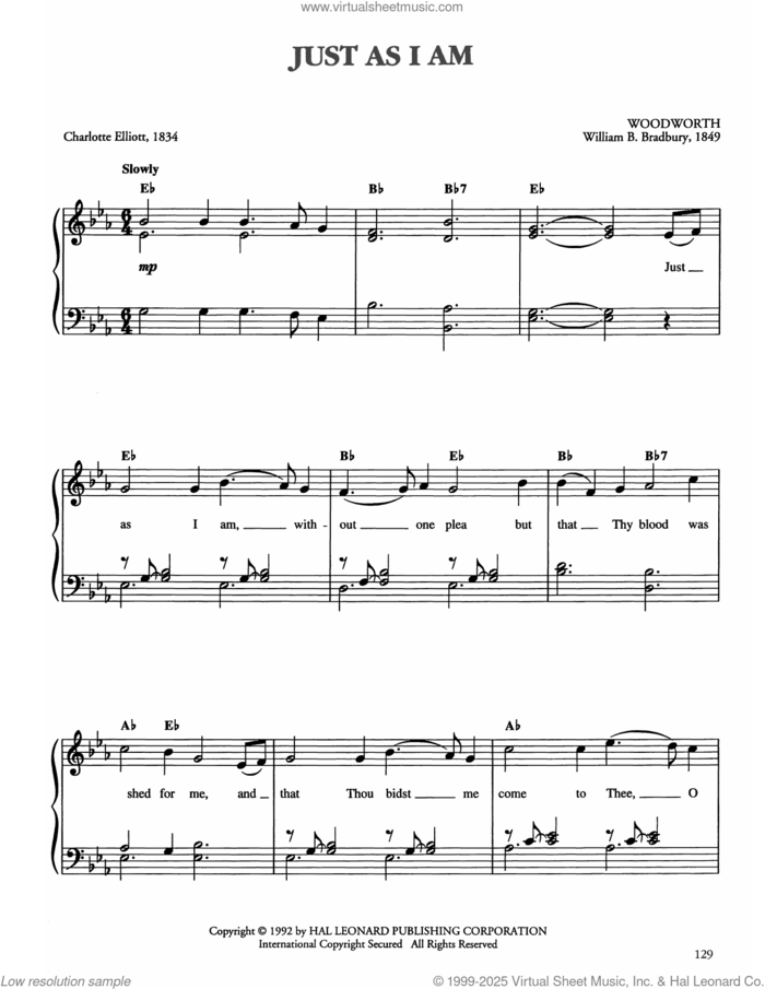Just As I Am sheet music for piano solo by William B. Bradbury and Charlotte Elliott, easy skill level