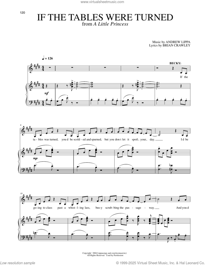 If The Tables Were Turned (from A Little Princess) sheet music for voice and piano by Brian Crawley and Andrew Lippa, intermediate skill level