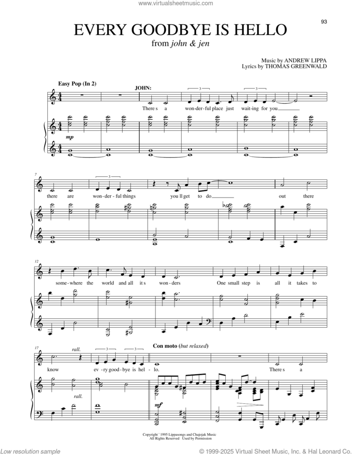 Every Goodbye Is Hello (from John and Jen) sheet music for voice and piano by Thomas Greenwald, Richard Walters, Andrew Lippa and Tom Greenwald, intermediate skill level