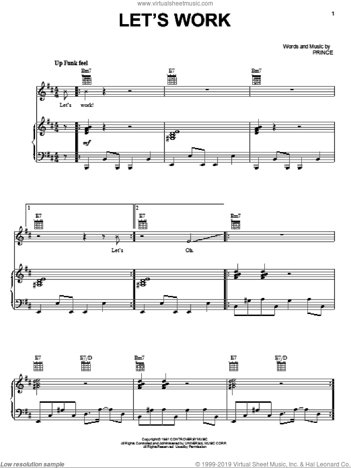 Let's Work sheet music for voice, piano or guitar by Prince, intermediate skill level