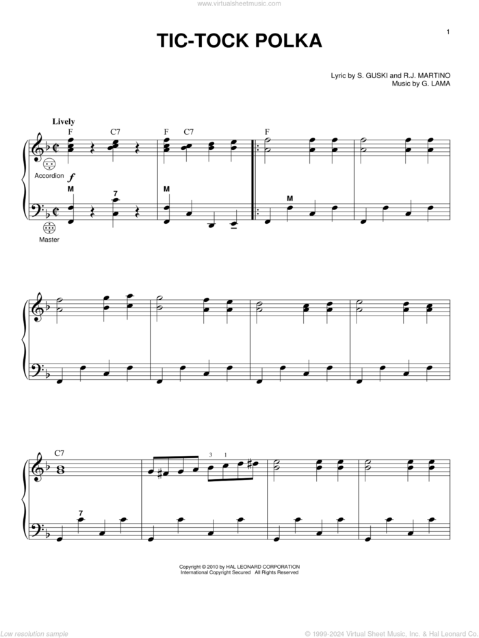 Tic-Tock Polka sheet music for accordion by Frankie Yankovic, G. Lama, R.J. Martino and S. Guski, intermediate skill level