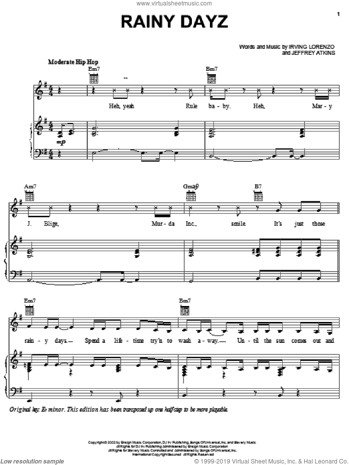 Rainy Dayz sheet music for voice, piano or guitar by Jeffrey Atkins, Ja Rule, Mary J. Blige, Mary J. Blige Featuring Ja Rule and Irving Lorenzo, intermediate skill level
