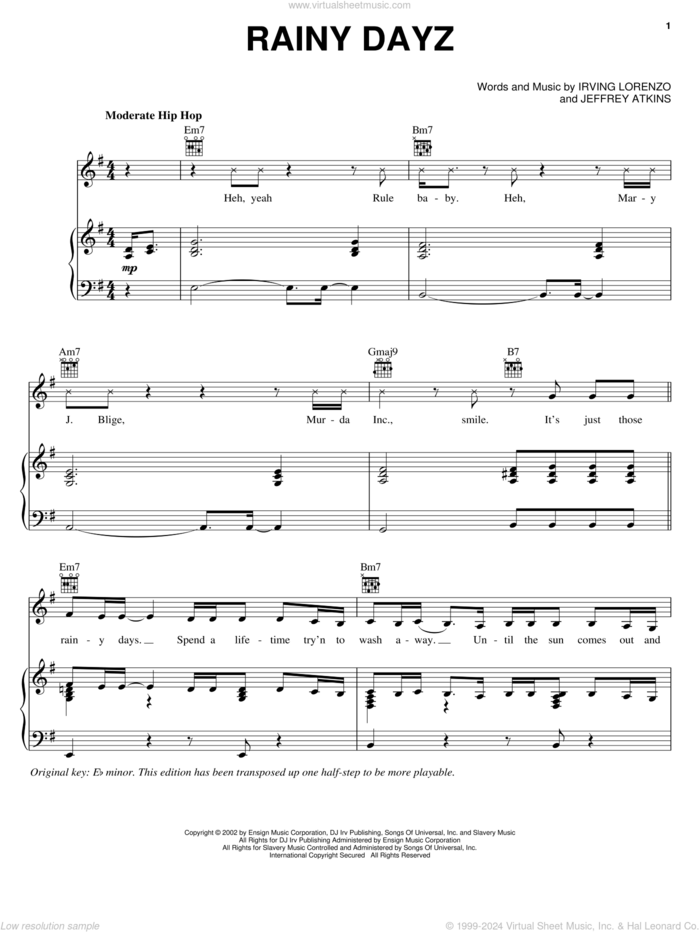 Rainy Dayz sheet music for voice, piano or guitar by Jeffrey Atkins, Ja Rule, Mary J. Blige, Mary J. Blige Featuring Ja Rule and Irving Lorenzo, intermediate skill level