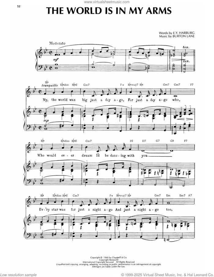 The World Is In My Arms sheet music for voice, piano or guitar by E.Y. Harburg and Burton Lane, intermediate skill level