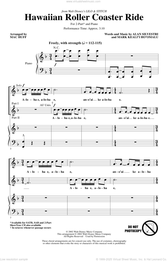 Hawaiian Roller Coaster Ride (from Lilo and Stitch) (arr. Mac Huff) sheet music for choir (2-Part) by Alan Silvestri and Mac Huff, intermediate duet