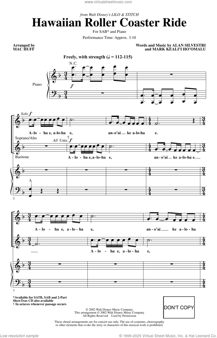 Hawaiian Roller Coaster Ride (from Lilo and Stitch) (arr. Mac Huff) sheet music for choir (SAB: soprano, alto, bass) by Alan Silvestri and Mac Huff, intermediate skill level